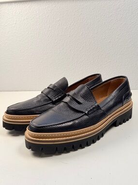 TAFT Mens Black Leather Penny Loafers Size 11 Chunky Lug Sole Made in Spain